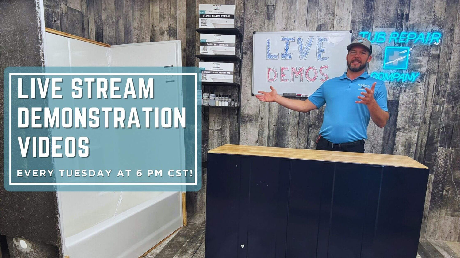 Man in blue shirt demonstrating a product with text about live stream demonstrations.