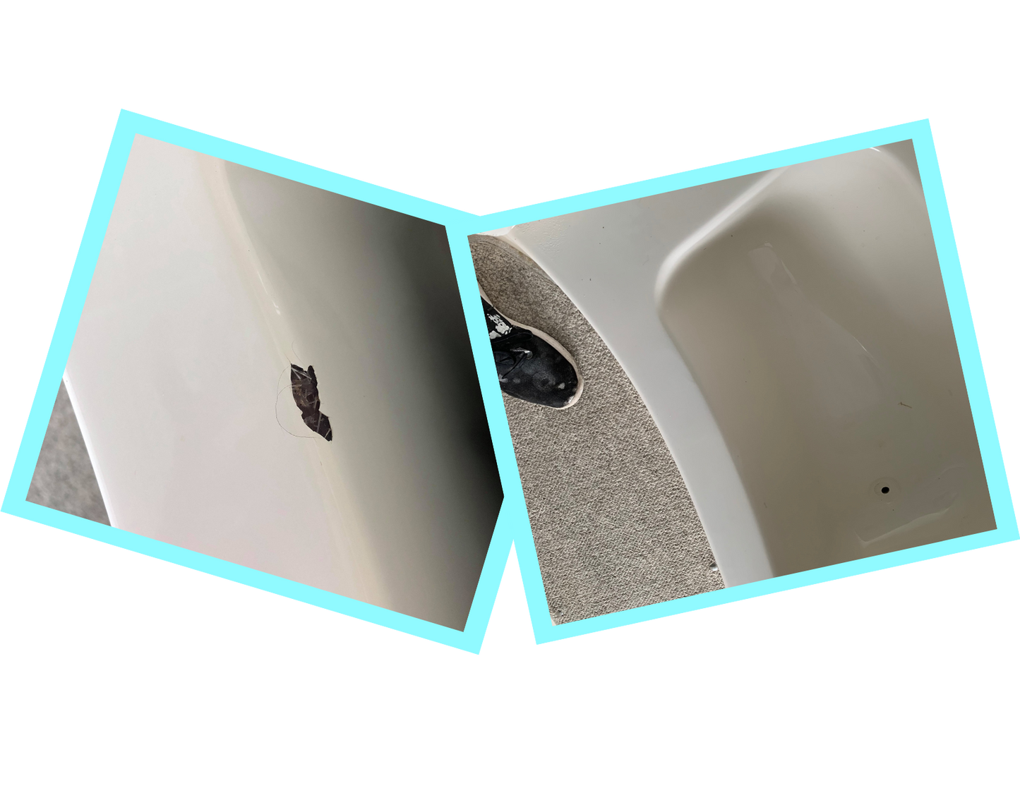 before and after of small chip repaired with Tub Repair Company level 1 kit.