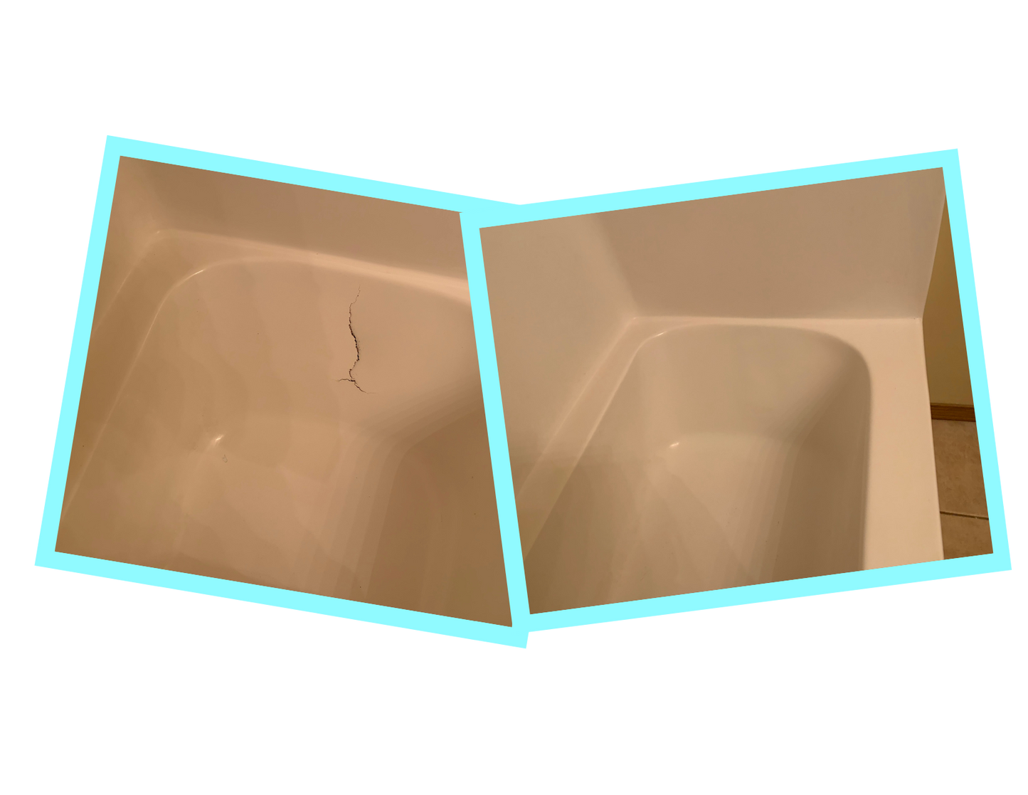 before and after photo of large crack repaired with Tub Repair Company level 2 kit.