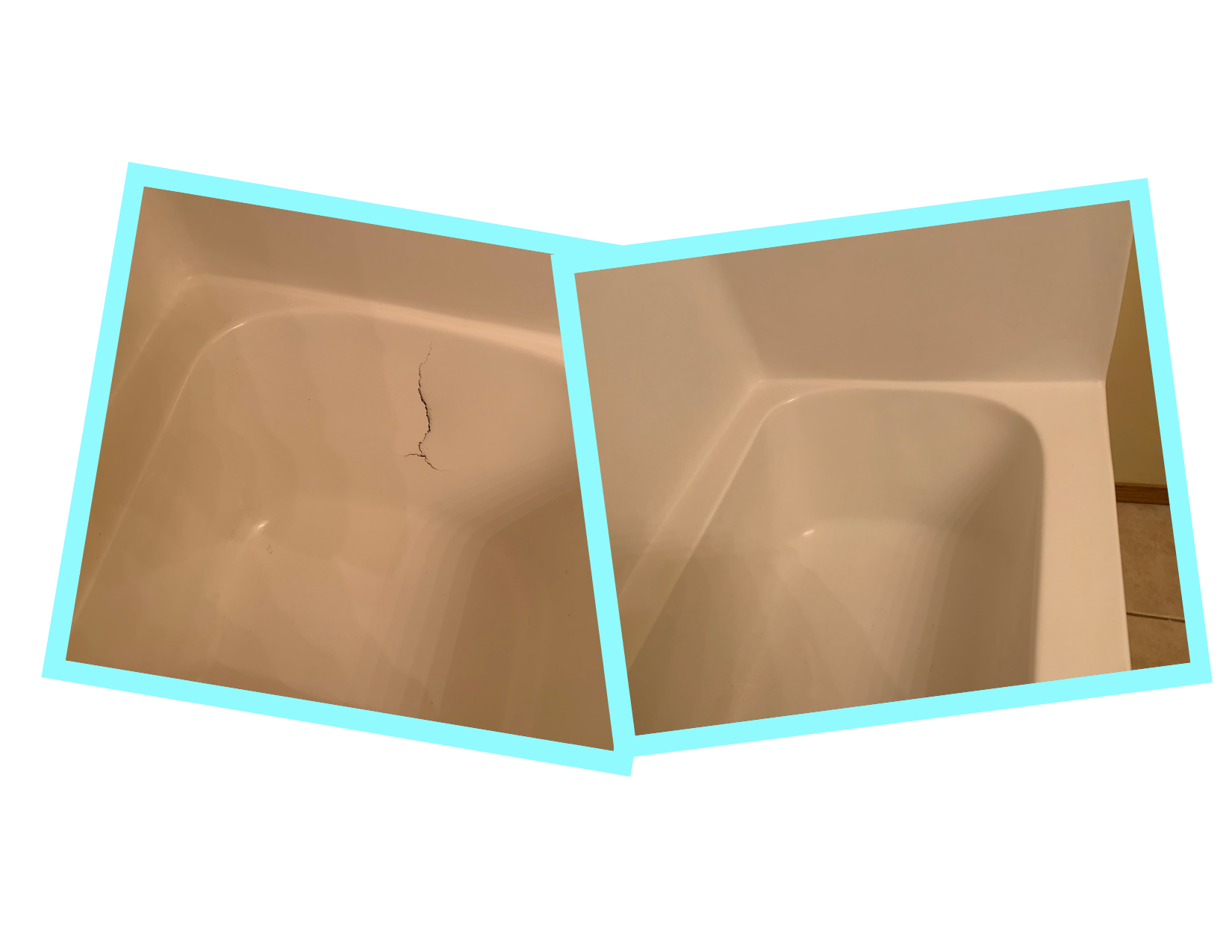 before and after photo of large crack repaired with Tub Repair Company level 2 kit.