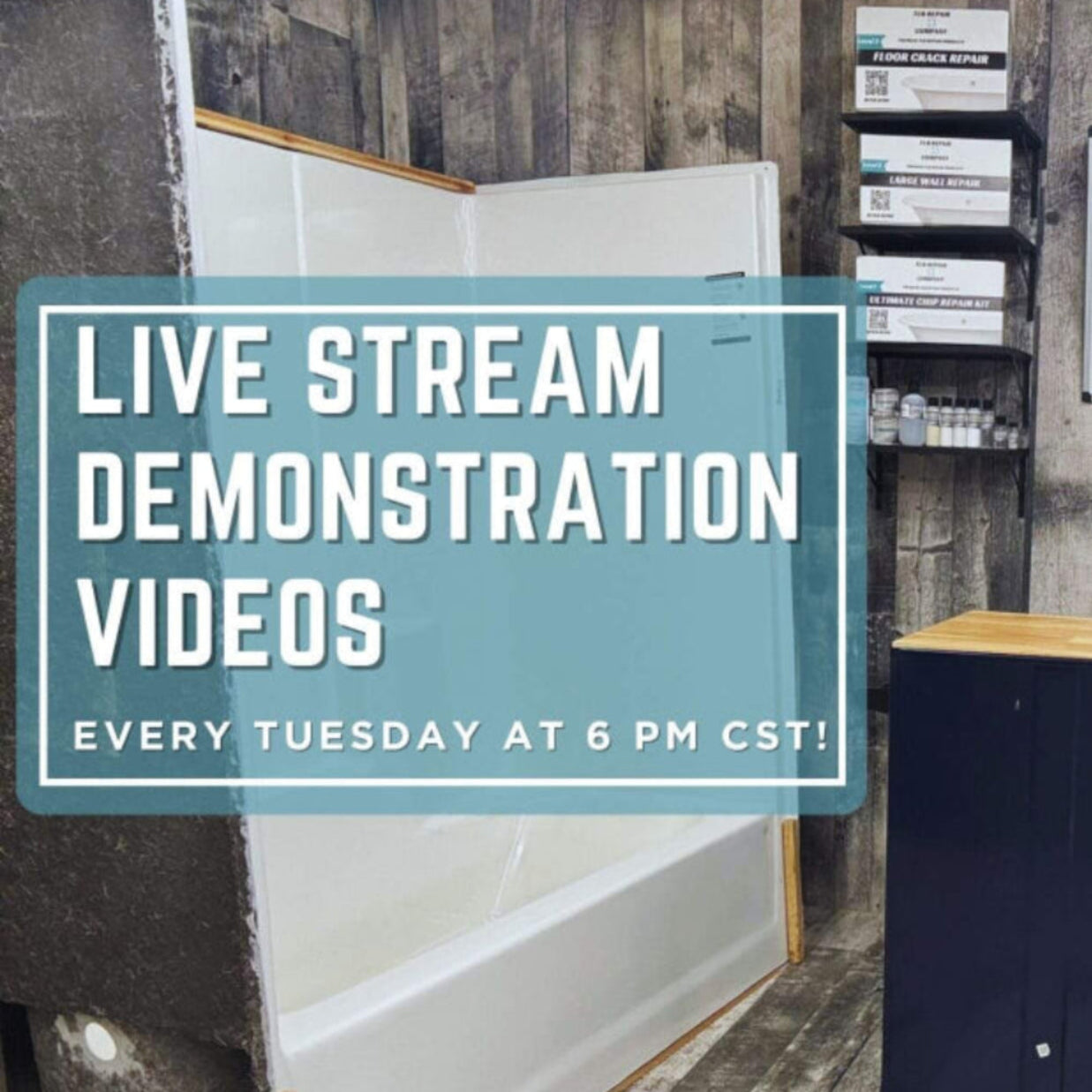 Man in blue shirt demonstrating a product with text about live stream demonstrations.